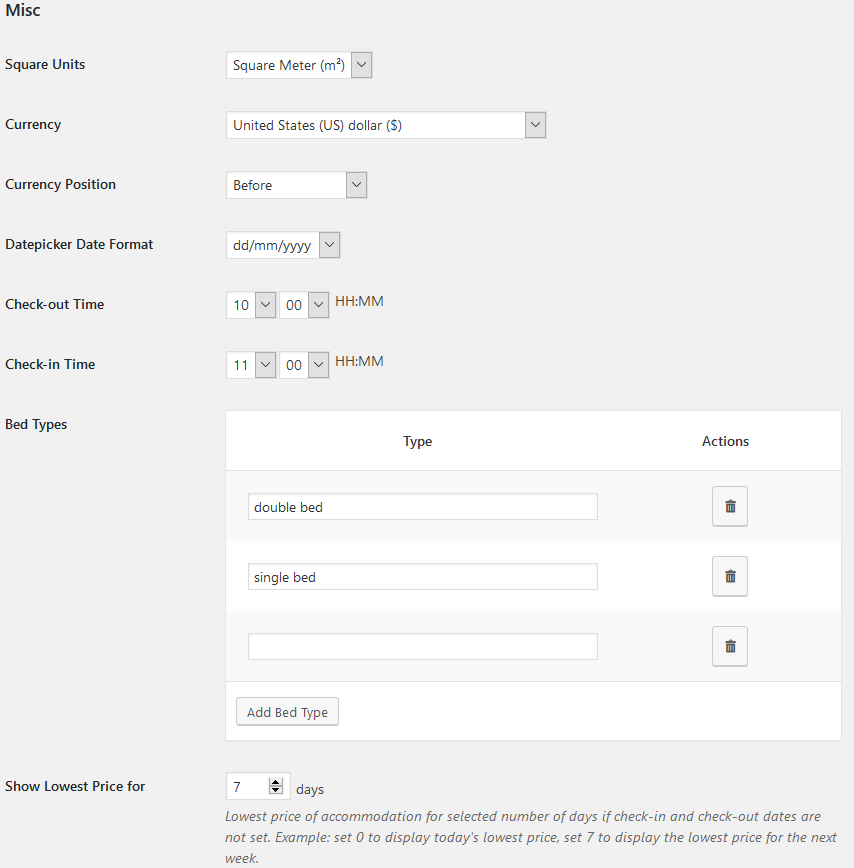 general settings hotel booking