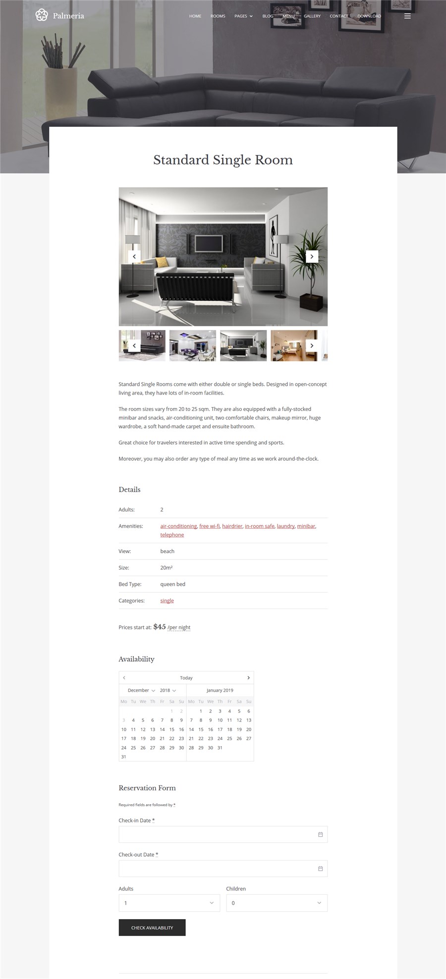 palmeria hotel booking wordpress website single room type