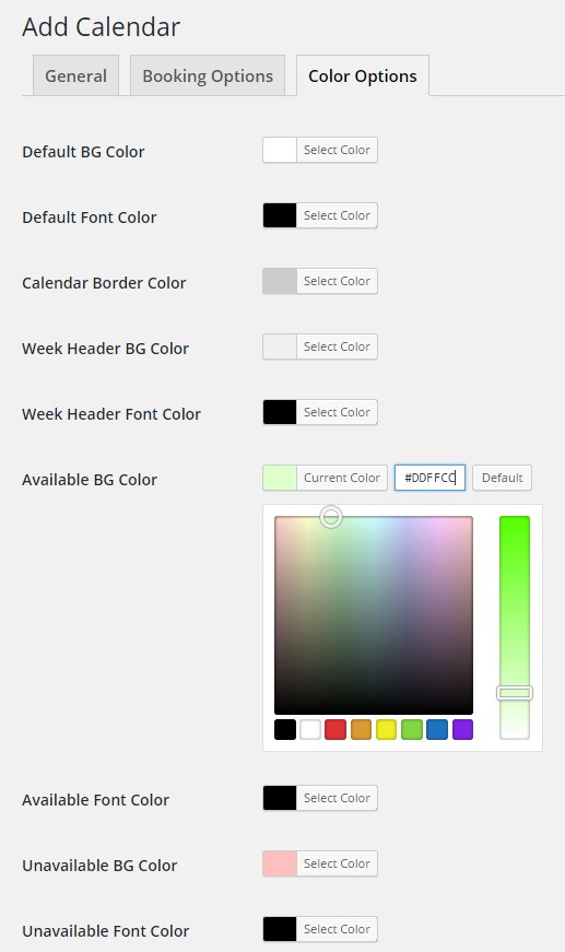 Page for adjusting settings of the availability calendar appearance.