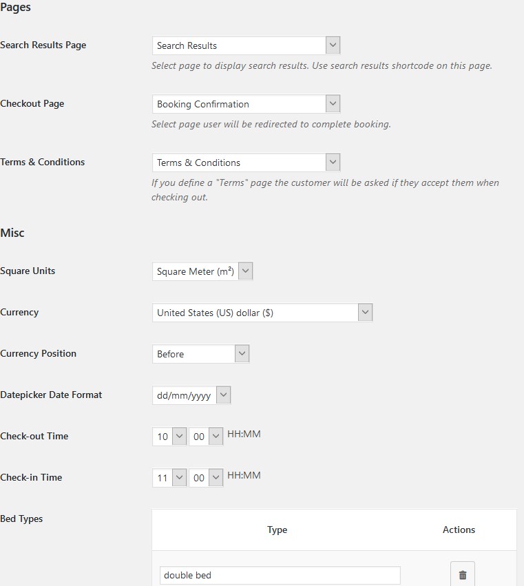 Screenshot of the general WP Hotel Booking plugin settings page.