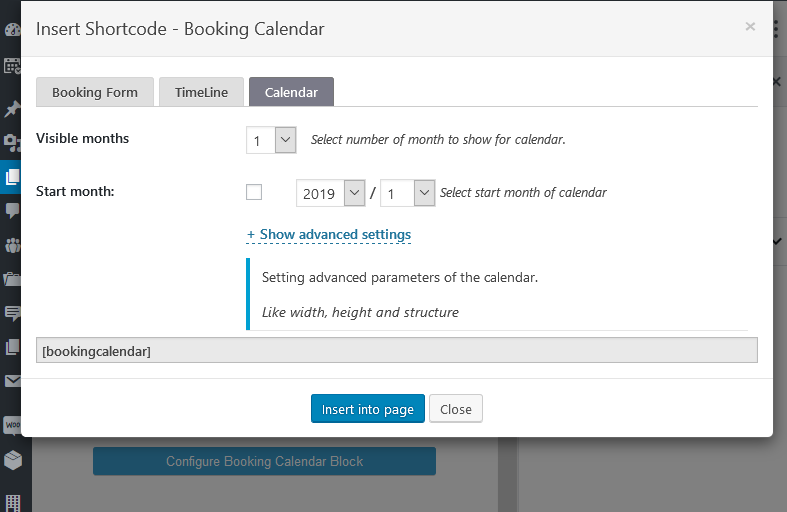 Snapshot of the settings adjustment page for the booking calendar plugin block.