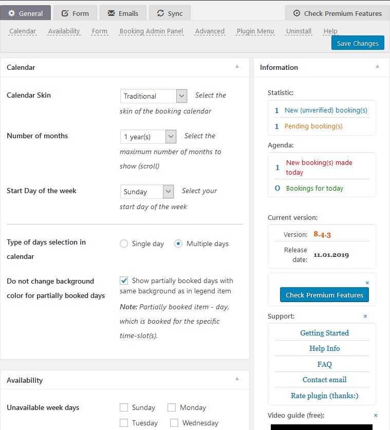 Screenshot of the page responsible for managing settings in the booking calendar plugin.