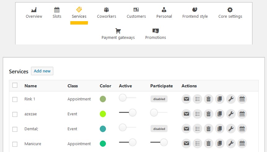 Screenshot of the services adjustment page for the Team Booking plugin.