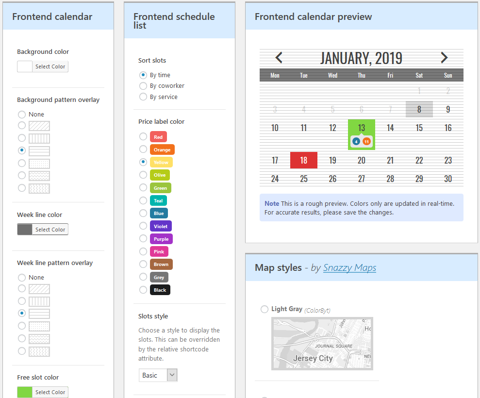 Screenshot of the settings adjustment page for the booking calendar appearance in the Team Booking plugin.