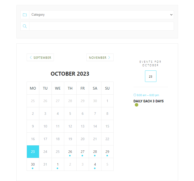 Monthly view of the events calendar in the Modern Events Calendar plugin.
