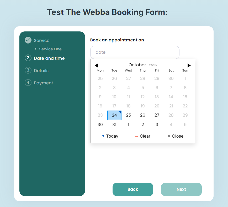 Screenshot of the Webba Booking form.