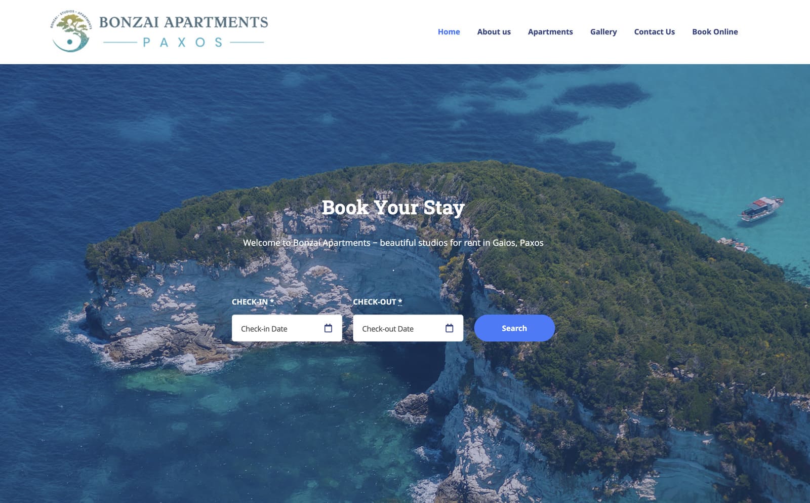 Screenshot of the Bonzai Apartments hotel booking WordPress website.