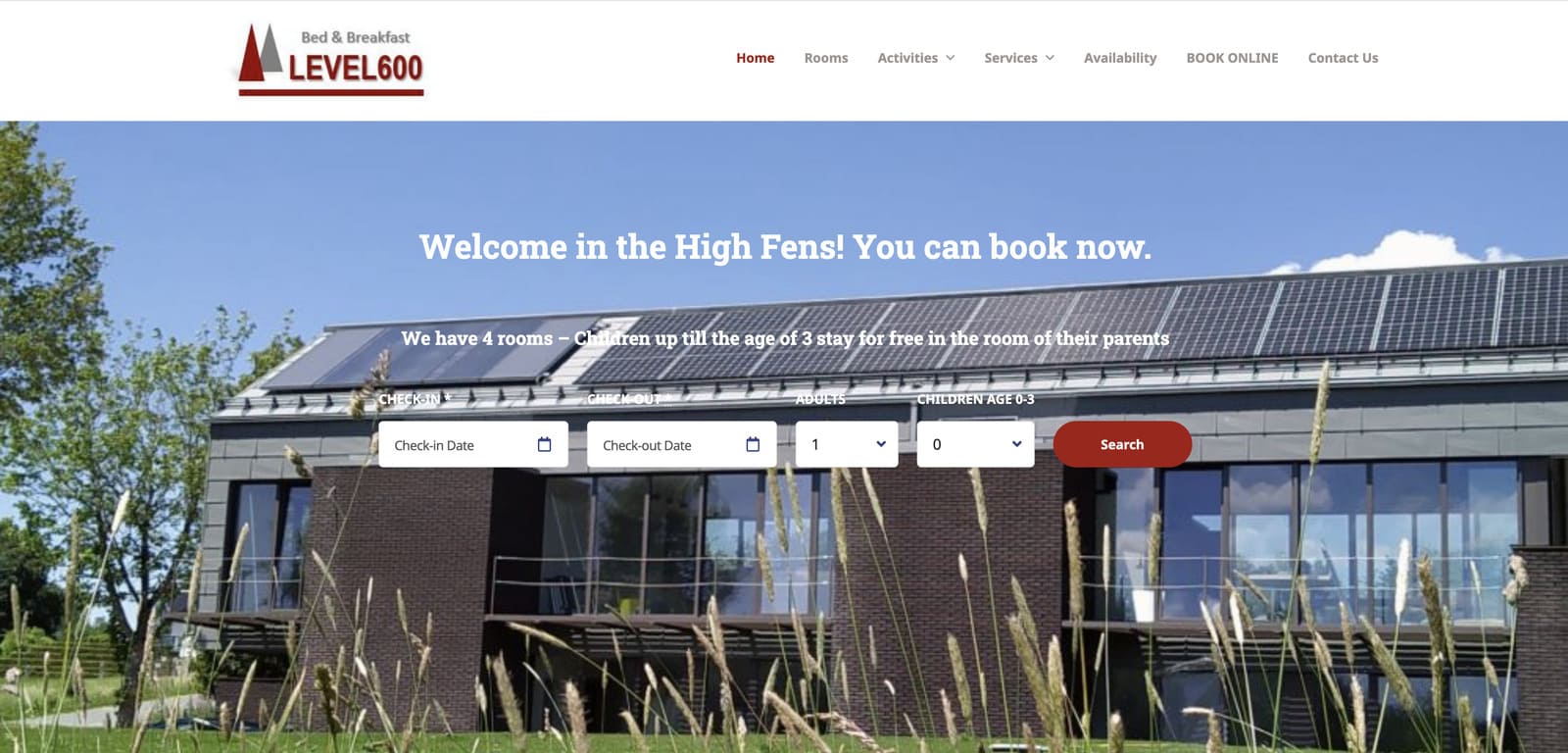 Screenshot of the Level 600 bed and breakfast wordpress website homepage.
