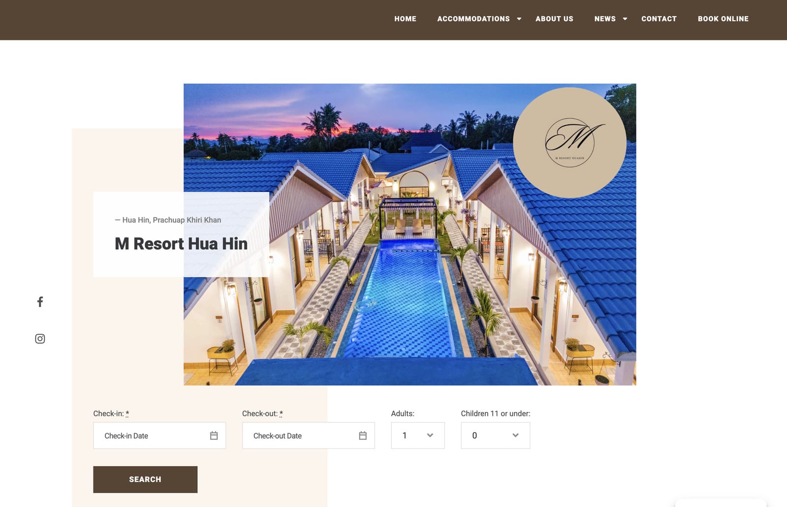 Screenshot of the M Resort Hua Hin WordPress website homepage.