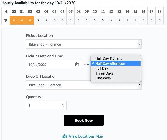 Screenshot of the availability calendar in the Vik Rent Items WordPress plugin.