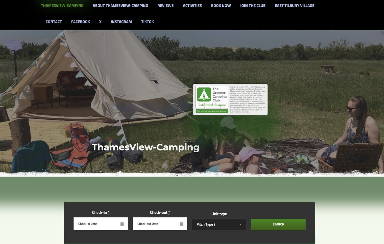 Screenshot of the ThamesView Camping website frontpage.