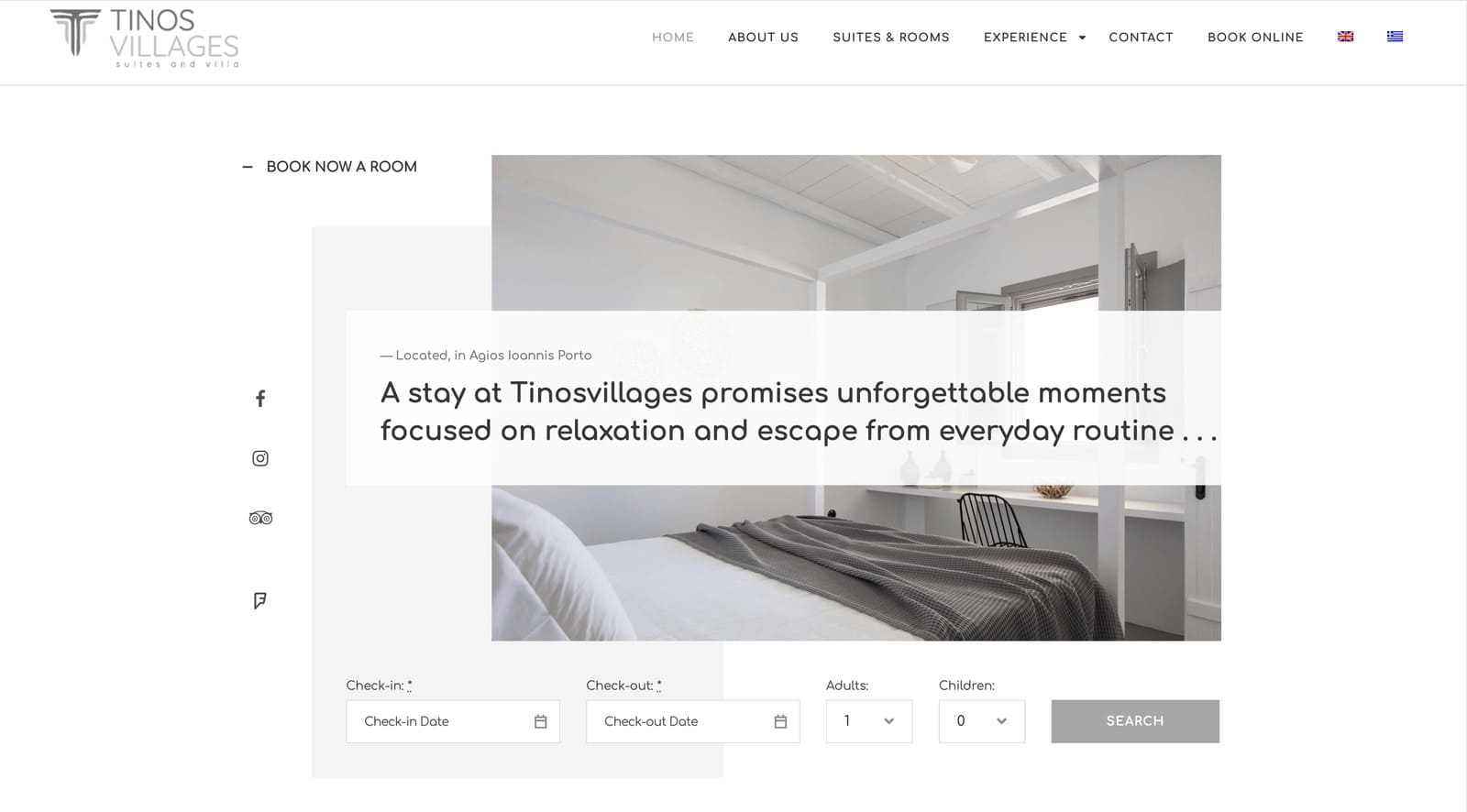 Screenshot of the Tinos Villages Elementor hotel booking website built with MotoPress.