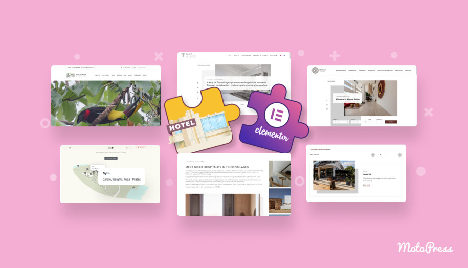 Collage of WordPress websites built with MotoPress Hotel Booking and Elementor.