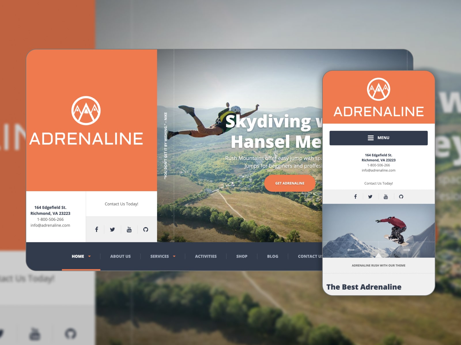 Collage of the Adrenaline WordPress theme for extreme sports and camping sites in blue, orange and white colors,