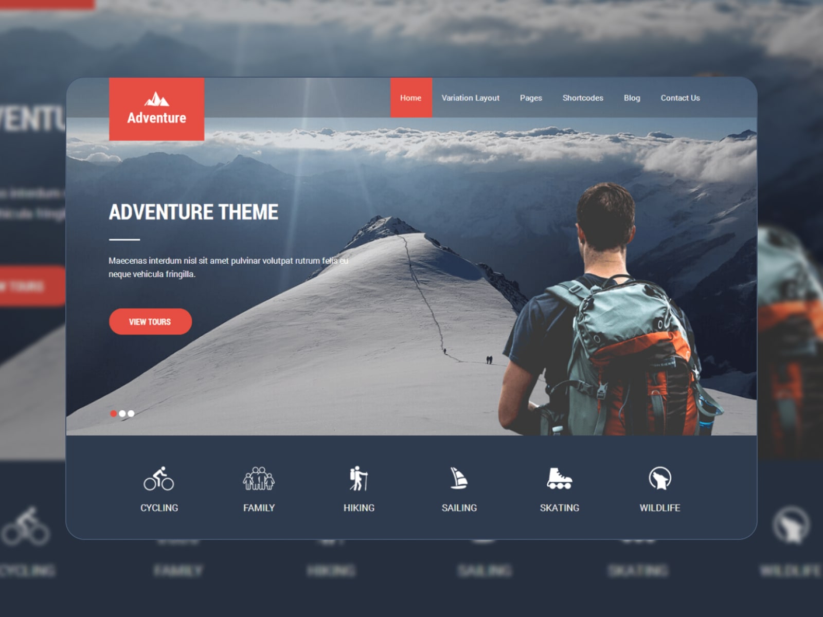 Collage of the Adventure Lite free theme demo site in blue, dark-blue and grey colors.