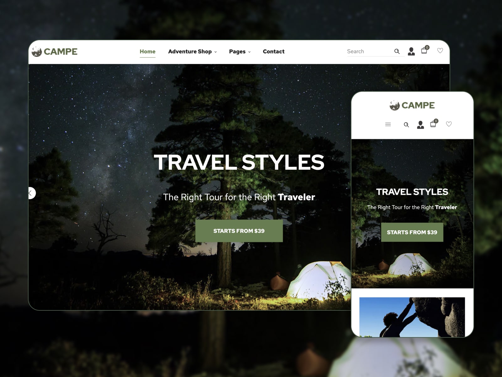 Collage of the Campe Shopify camping website template in green and white colors.