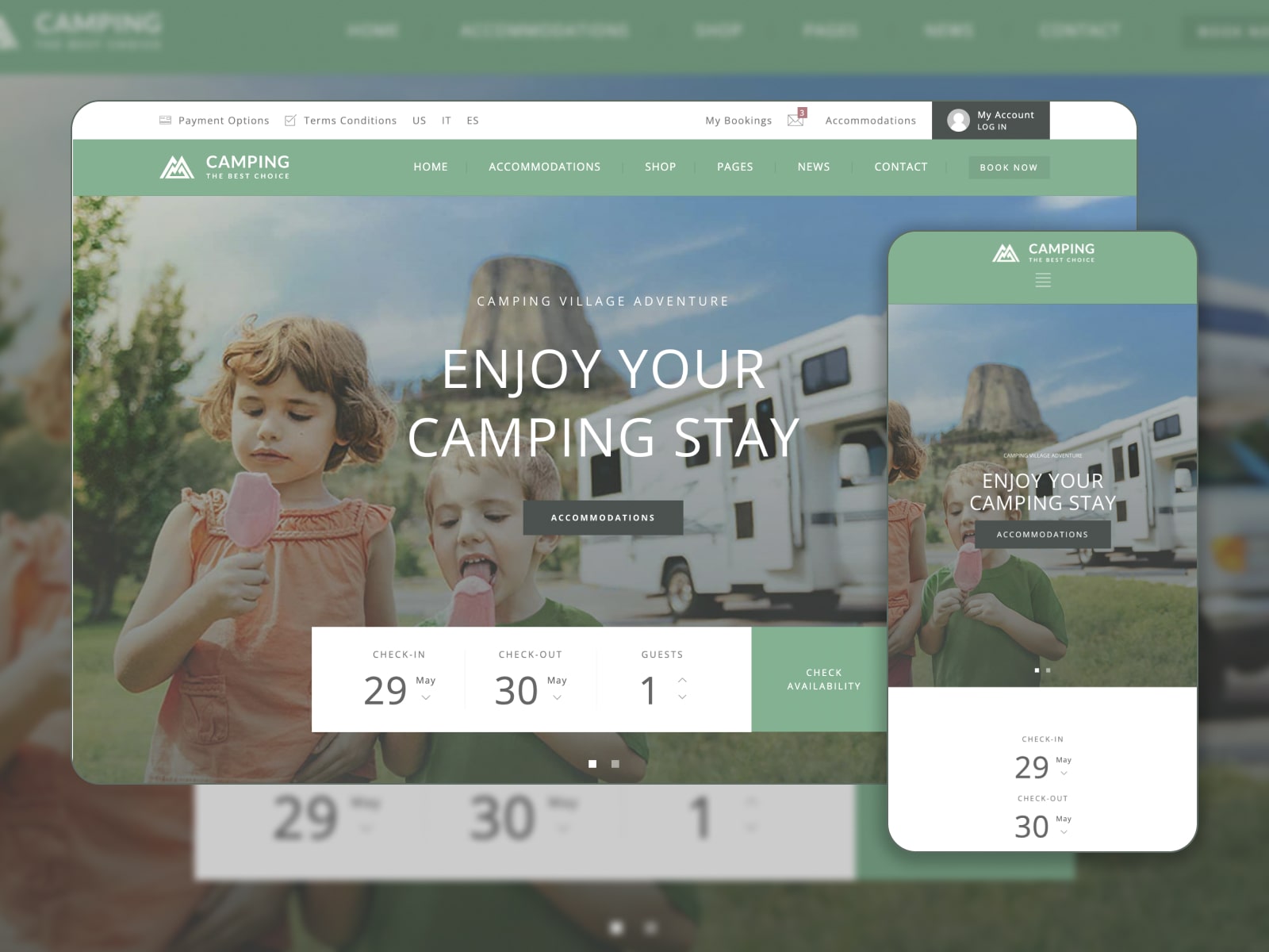 Collage of the Camping Village WordPress theme demo page in blue, green and white colors.