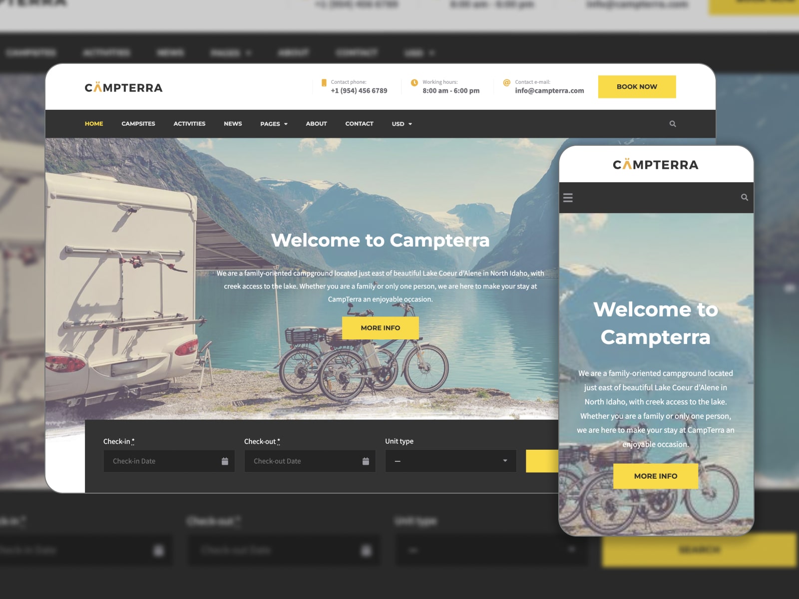Collage of the Campterra camping WordPress theme demo website in blue, yellow and white colors.