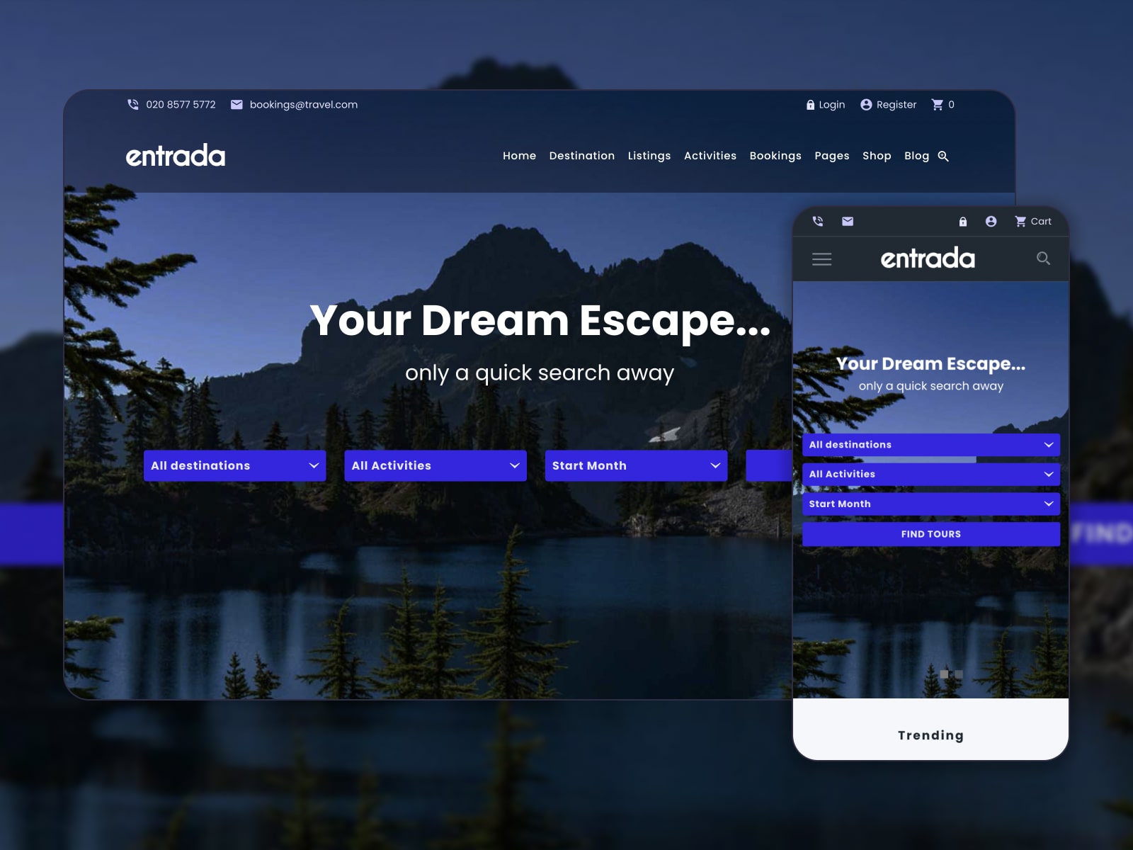 Collage of the Entrada camping tour WordPress theme demo page in dark mode.
