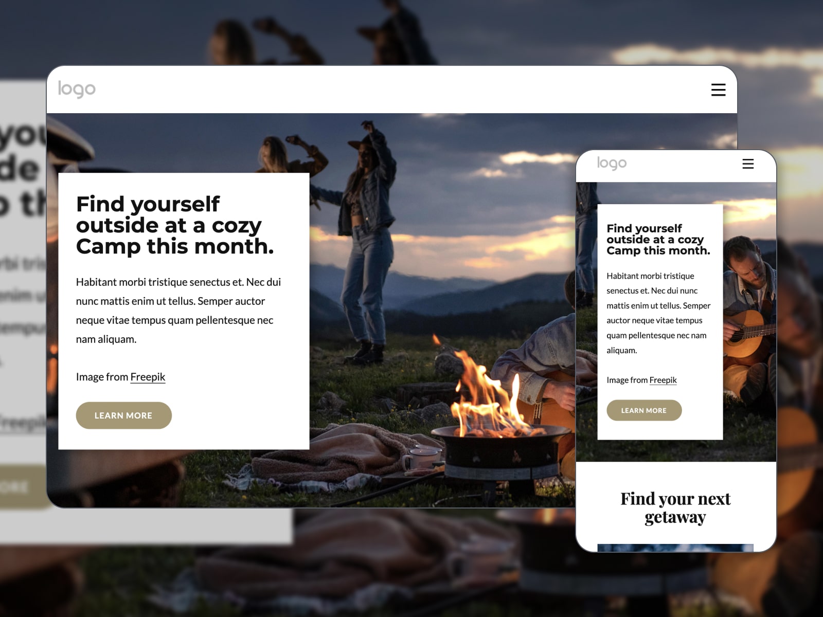 Collage of the Going On A Camping Trip HTML free template in brown, green and white colors.