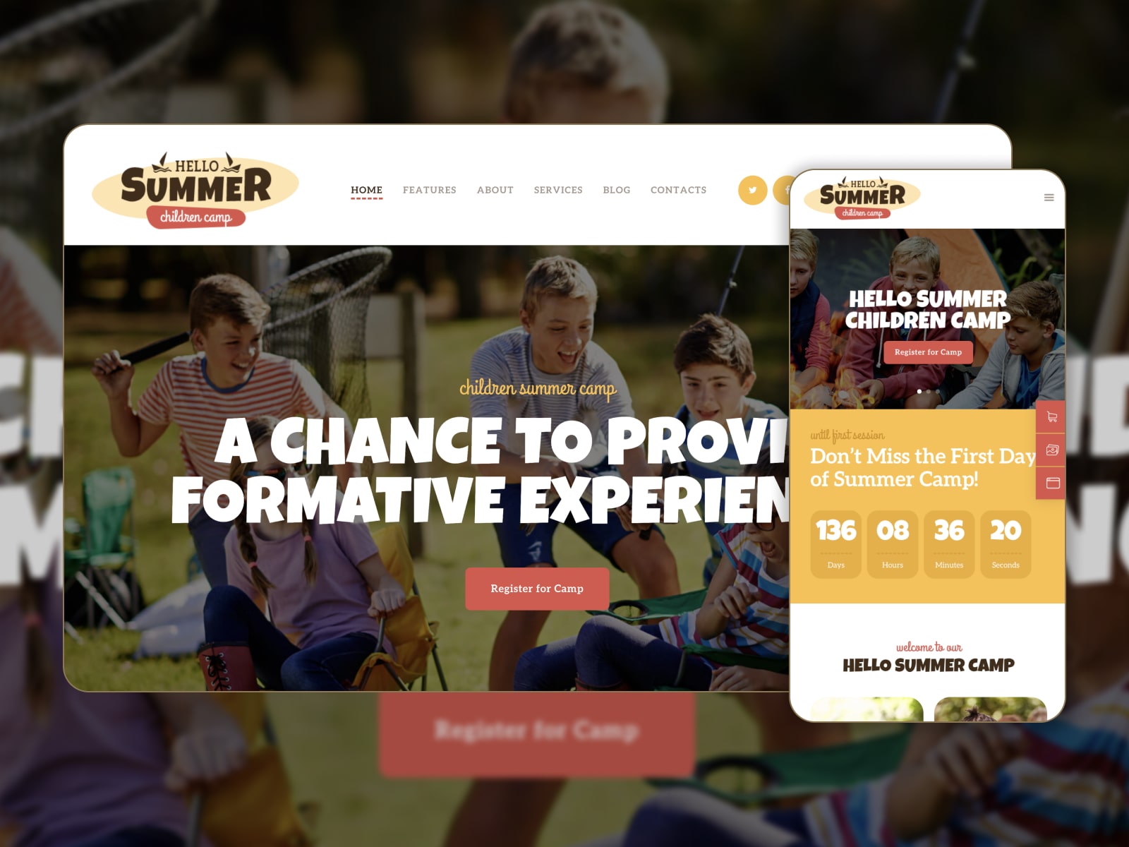Collage of the Hello Summer camp WordPress theme demo website in brown, green, white and yellow colors.