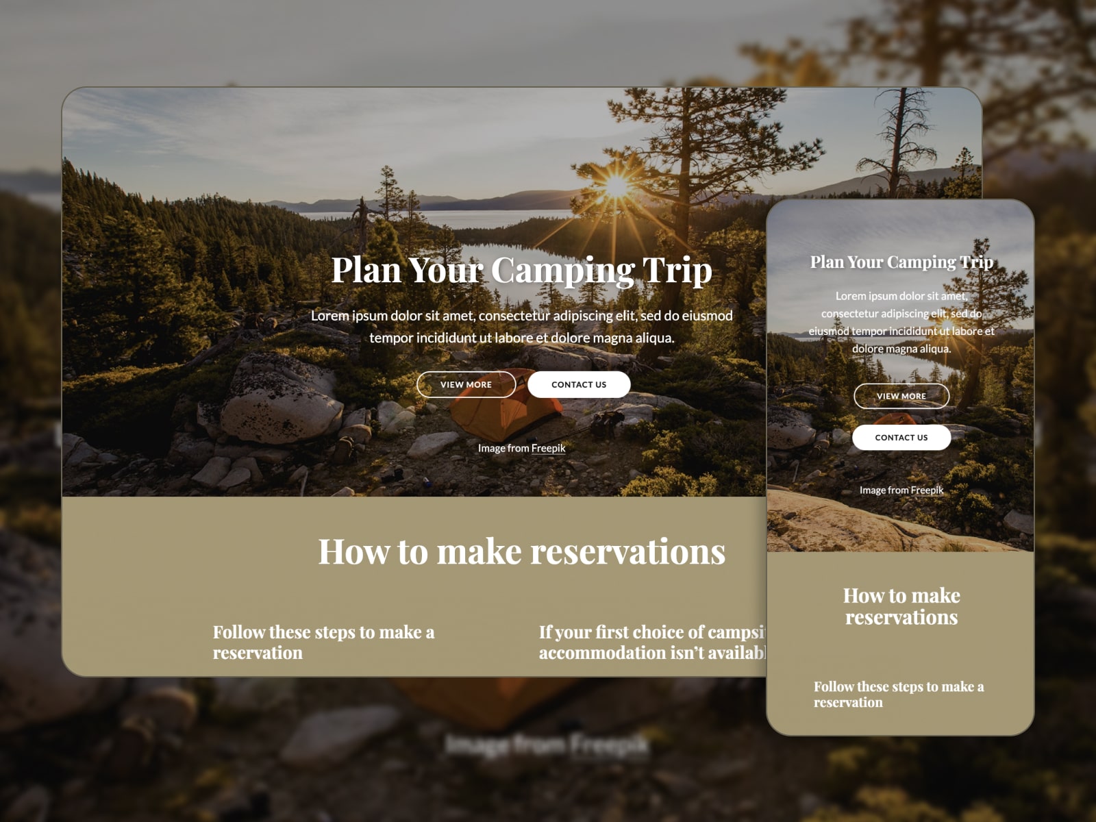 Collage of the Plan Your Camping Trip free HTML template in brown, beige and white colors.