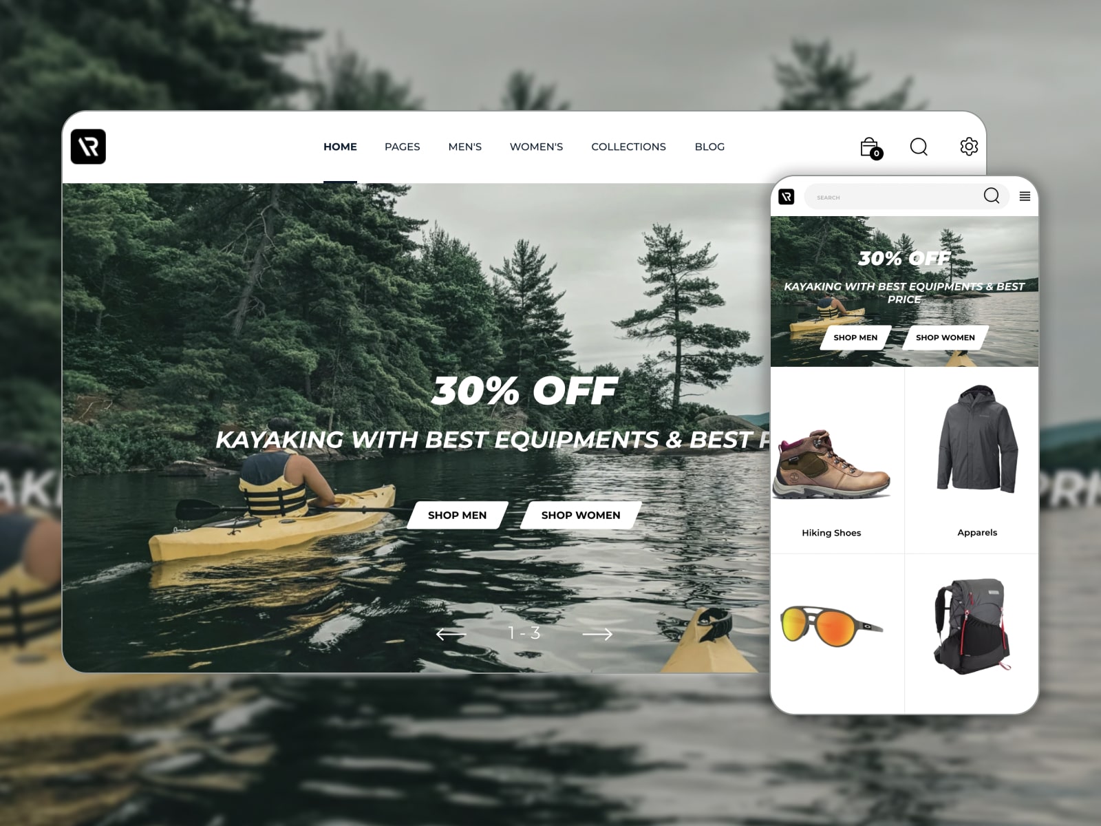Collage of the Random camp Shopify template in green, brown and white colors.