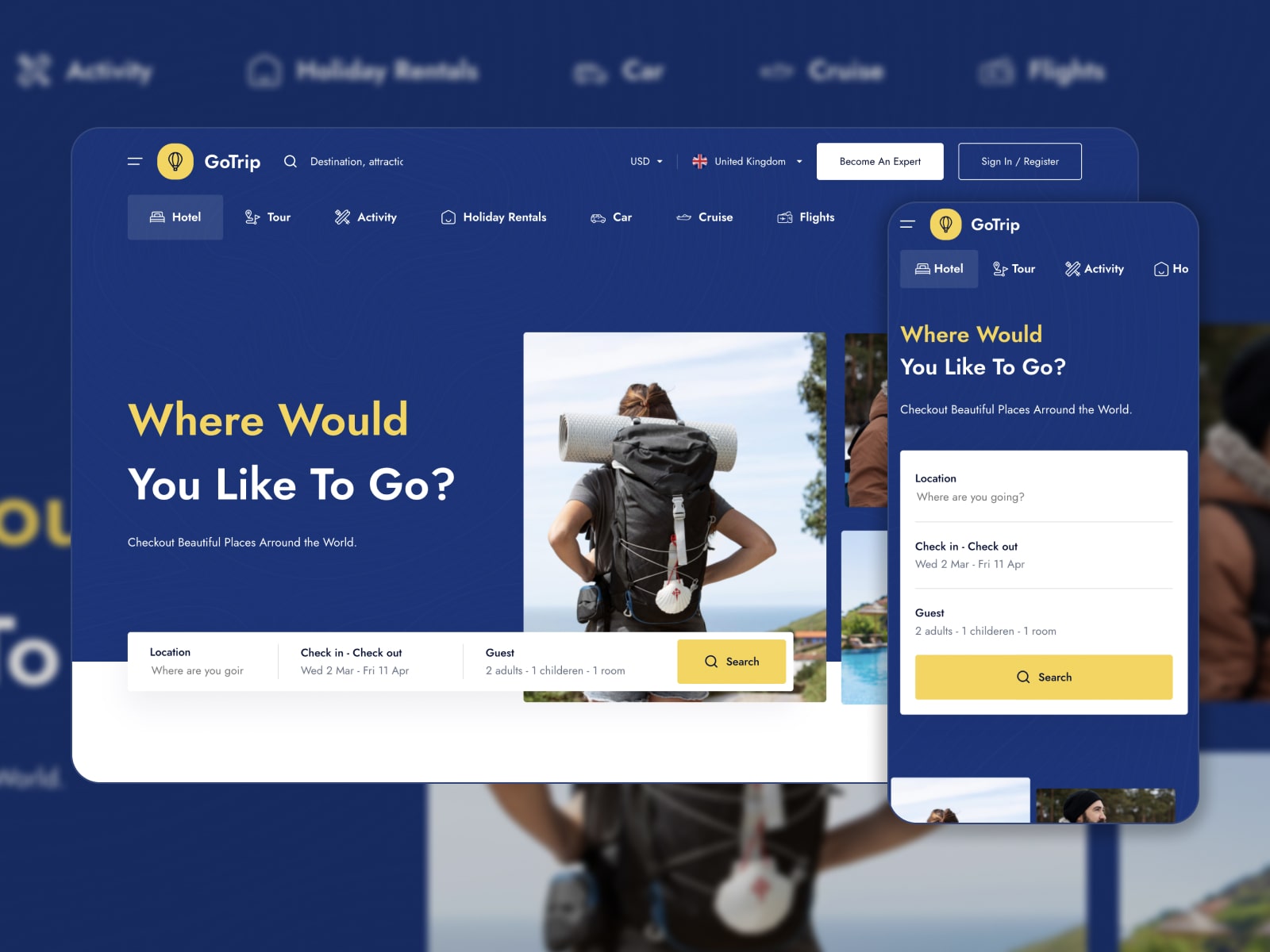 Collage of the GoTrip HTML camping template in blue, yellow and white colors.