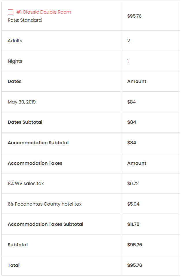 list of accommodation charges
