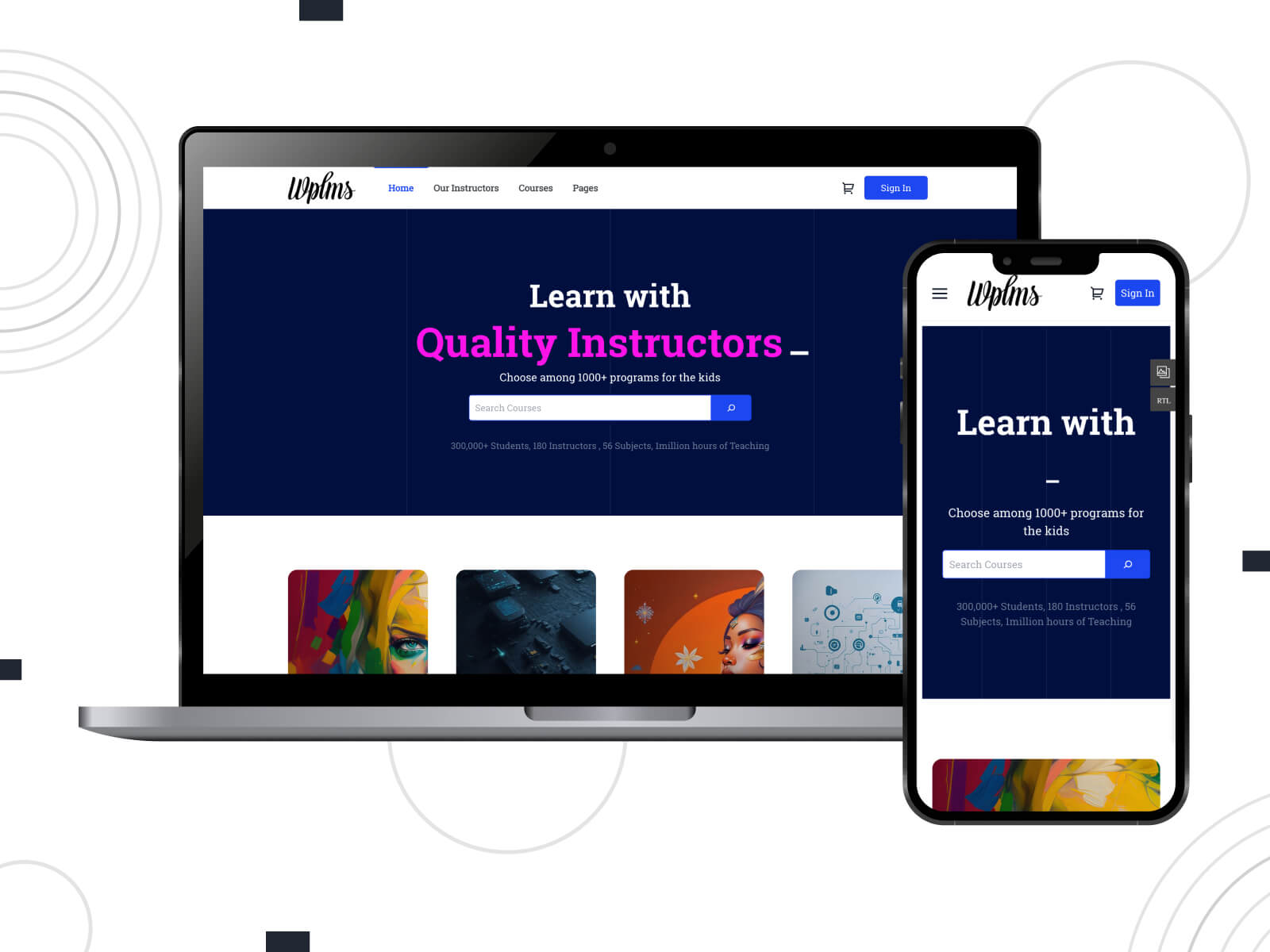 Image of WPLMS - dark, crisp, one of the best WordPress themes, it boasts a clean and minimalist design for sleek website aesthetics in chocolate, midnight blue, and medium violet red color combination.