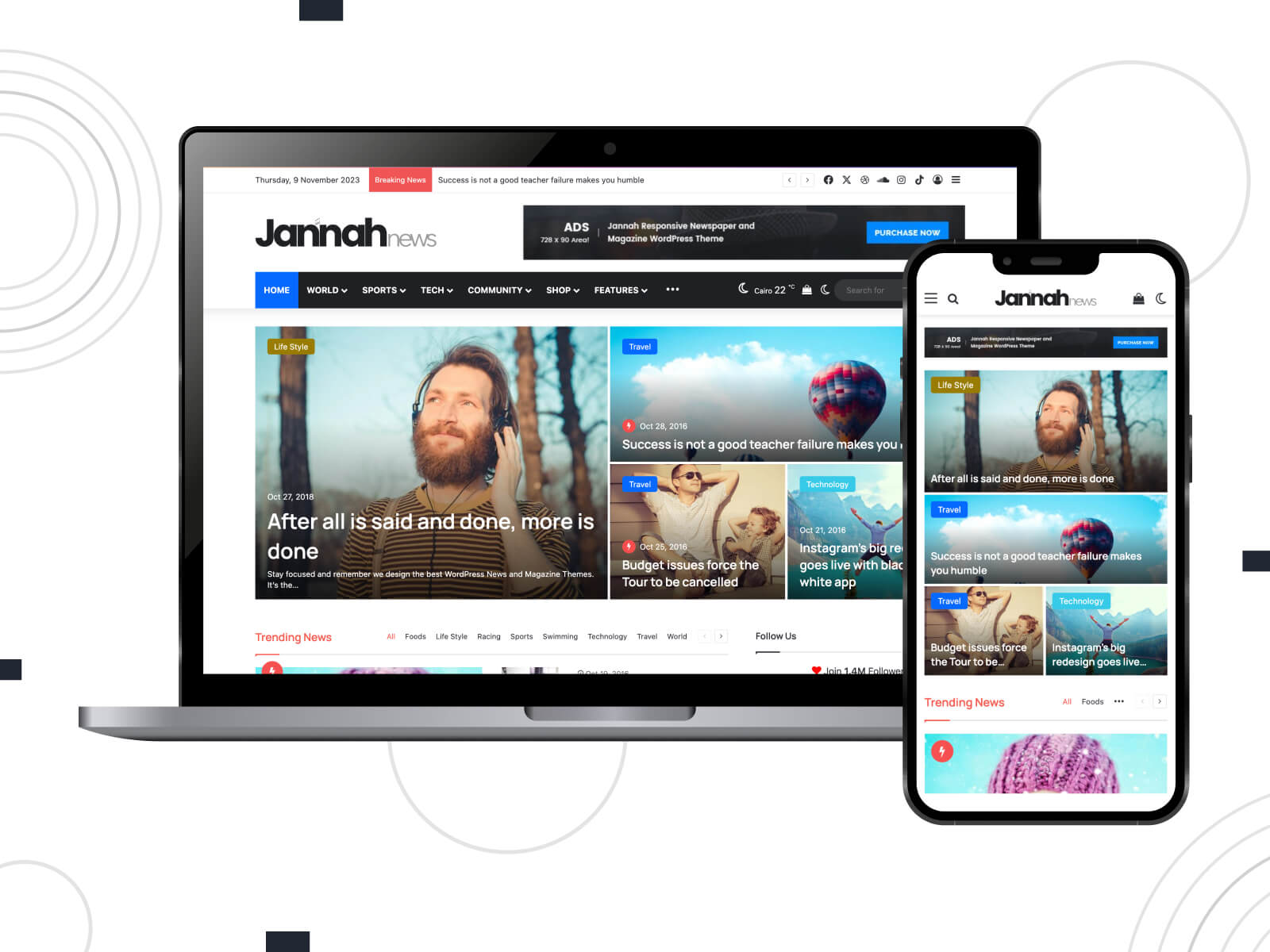 Photo of Jannah - light, rich, recognized as one of the finest WordPress themes for its elegant design and customizable options in steel blue, gray, and sky blue color mix.