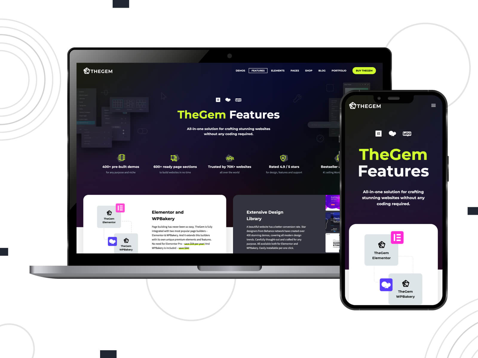 Screenshot of TheGem - dark, crisp template that is touted as one of the best WordPress themes for its SEO-optimized features, enhancing online visibility in black, green yellow, and blue violet color gradation.
