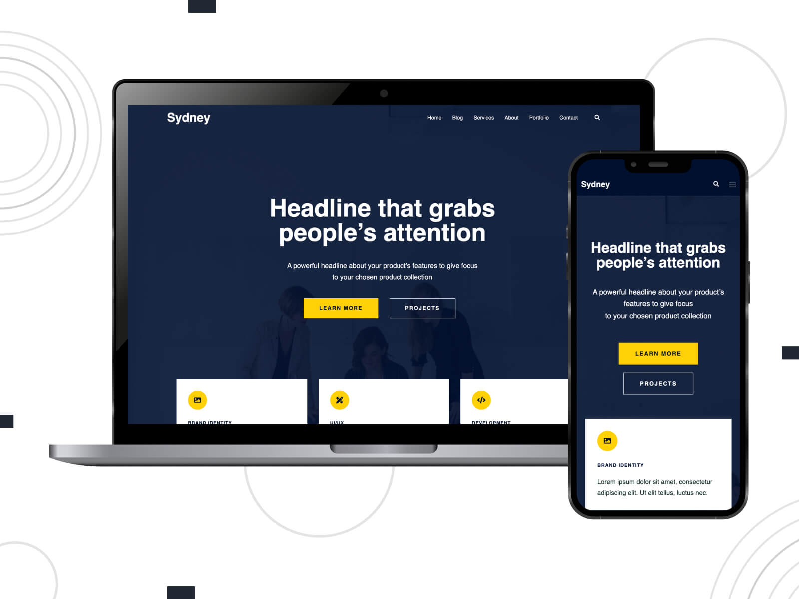 Picture of Sydney - dark, cool, this feature-laden theme is recognized as one of the topmost WordPress themes for diverse online needs in light slate gray, gold, and midnight blue color mix.