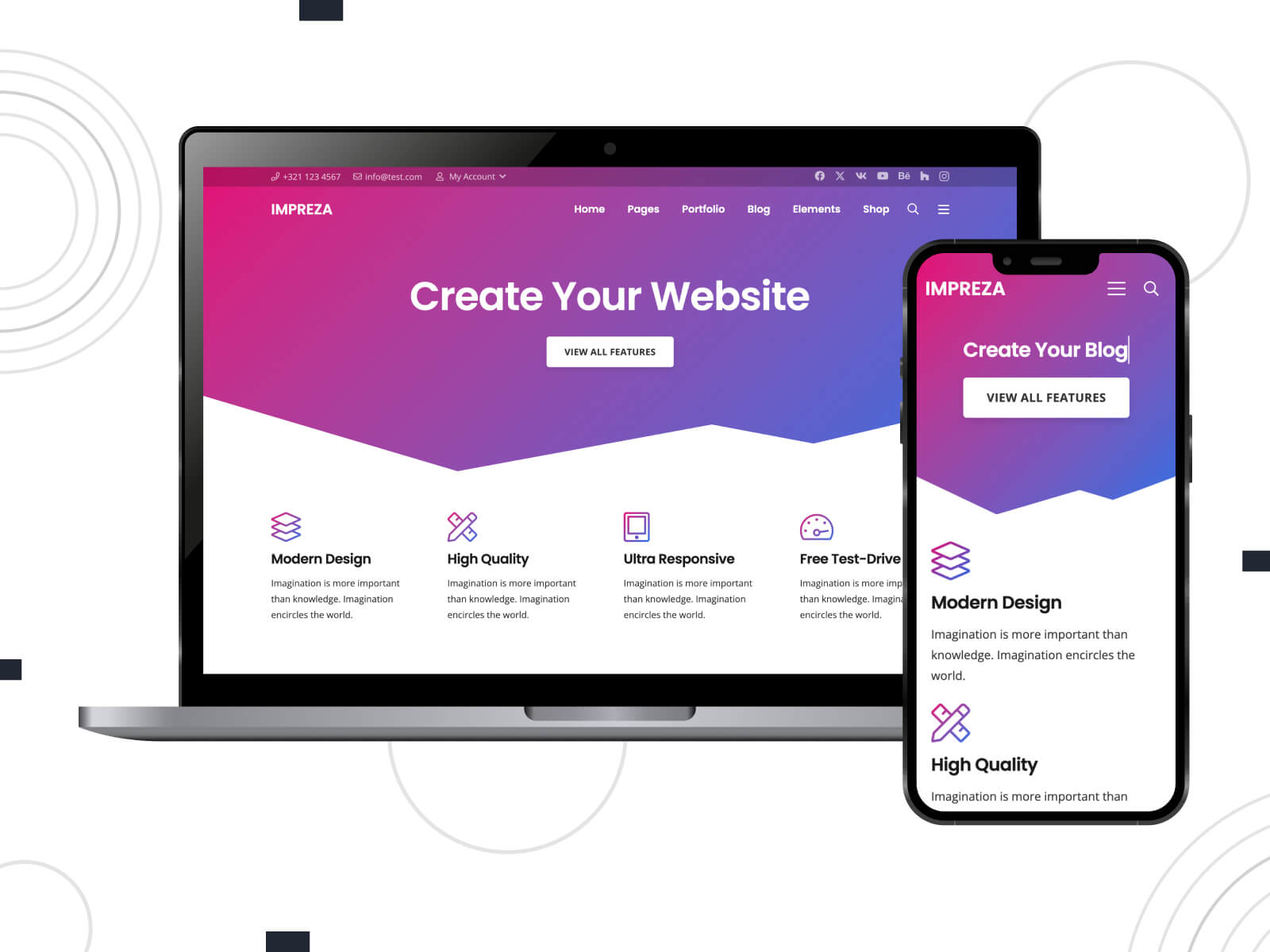 Snapshot of Impreza - light, cool, multi-functional template that is praised as one of the best WordPress themes with e-commerce capabilities in slate blue, dark orchid, and medium violet red color range.