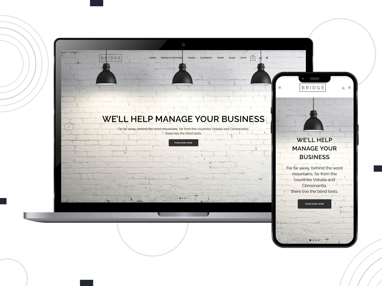 Screenshot of Bridge - bright, warm, one of the best WordPress themes, it boasts a clean and minimalist design for sleek website aesthetics in dark gray color range.