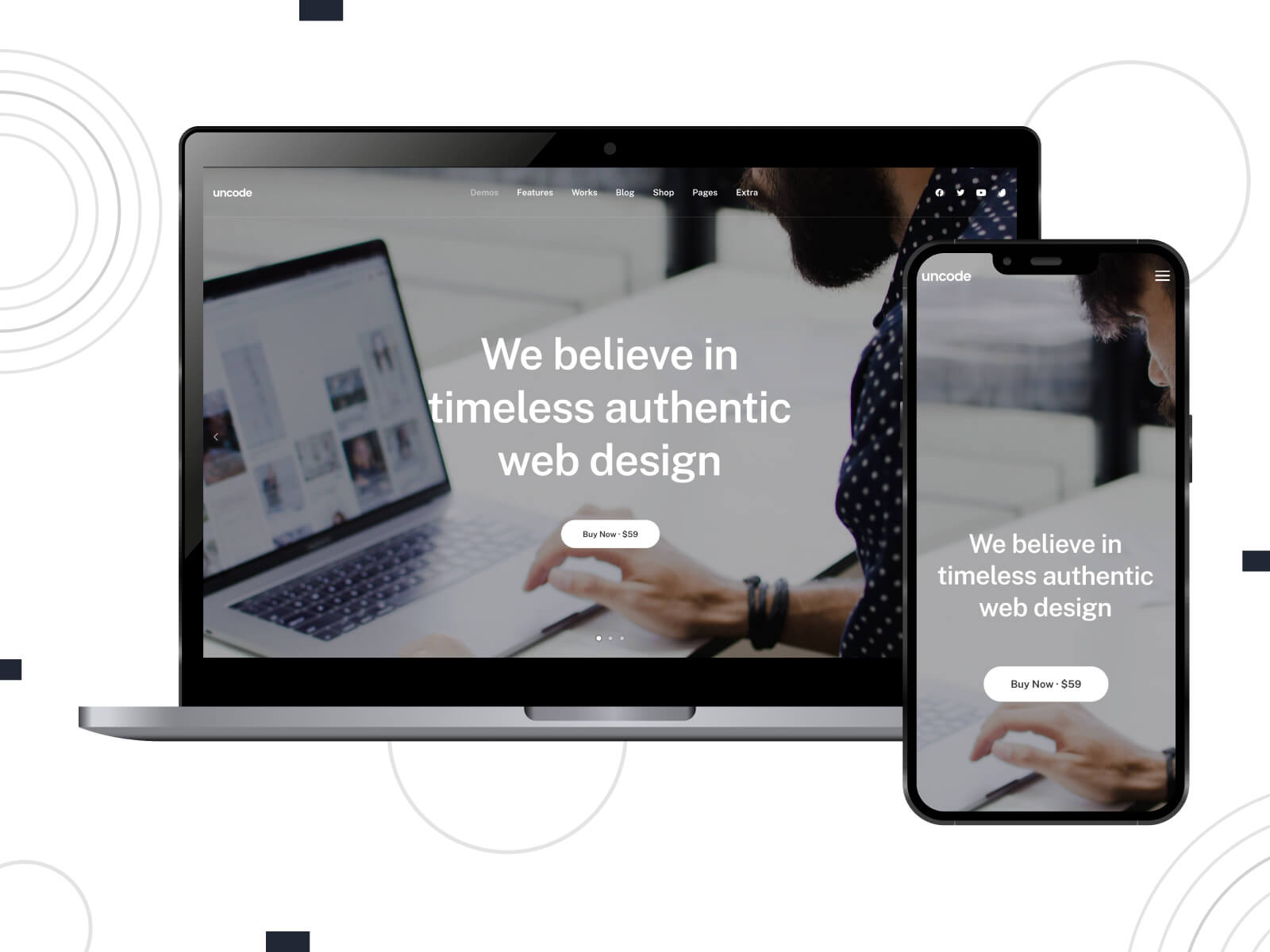 Image of Uncode - shadowed, cool, integrated with social media template that stands out as one of the best WordPress themes for content sharing in dark olive green, and gray color scheme.