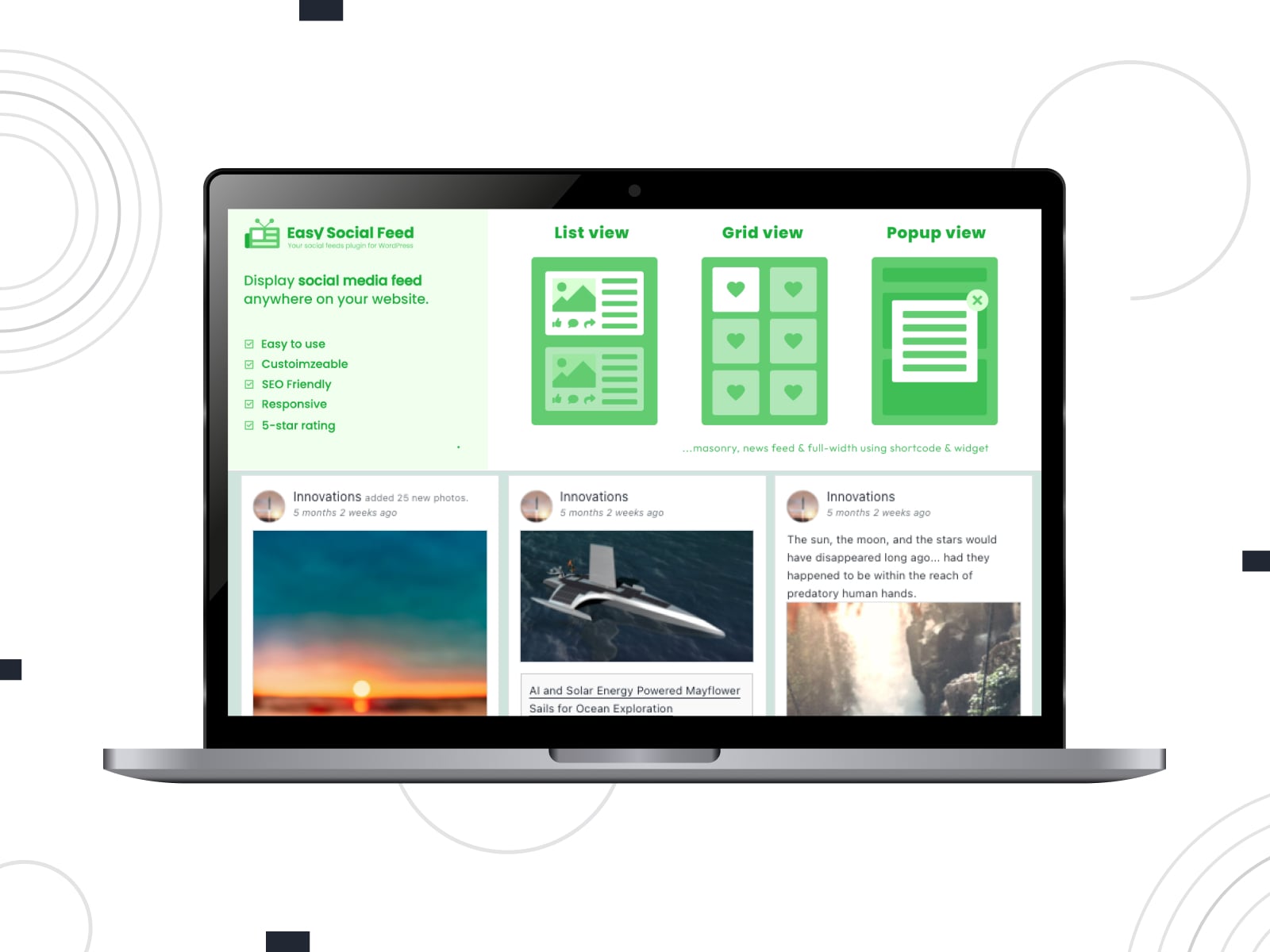 Collage of the Easy Social Feed Instagram feed WordPress plugin demo page in green and white colors.