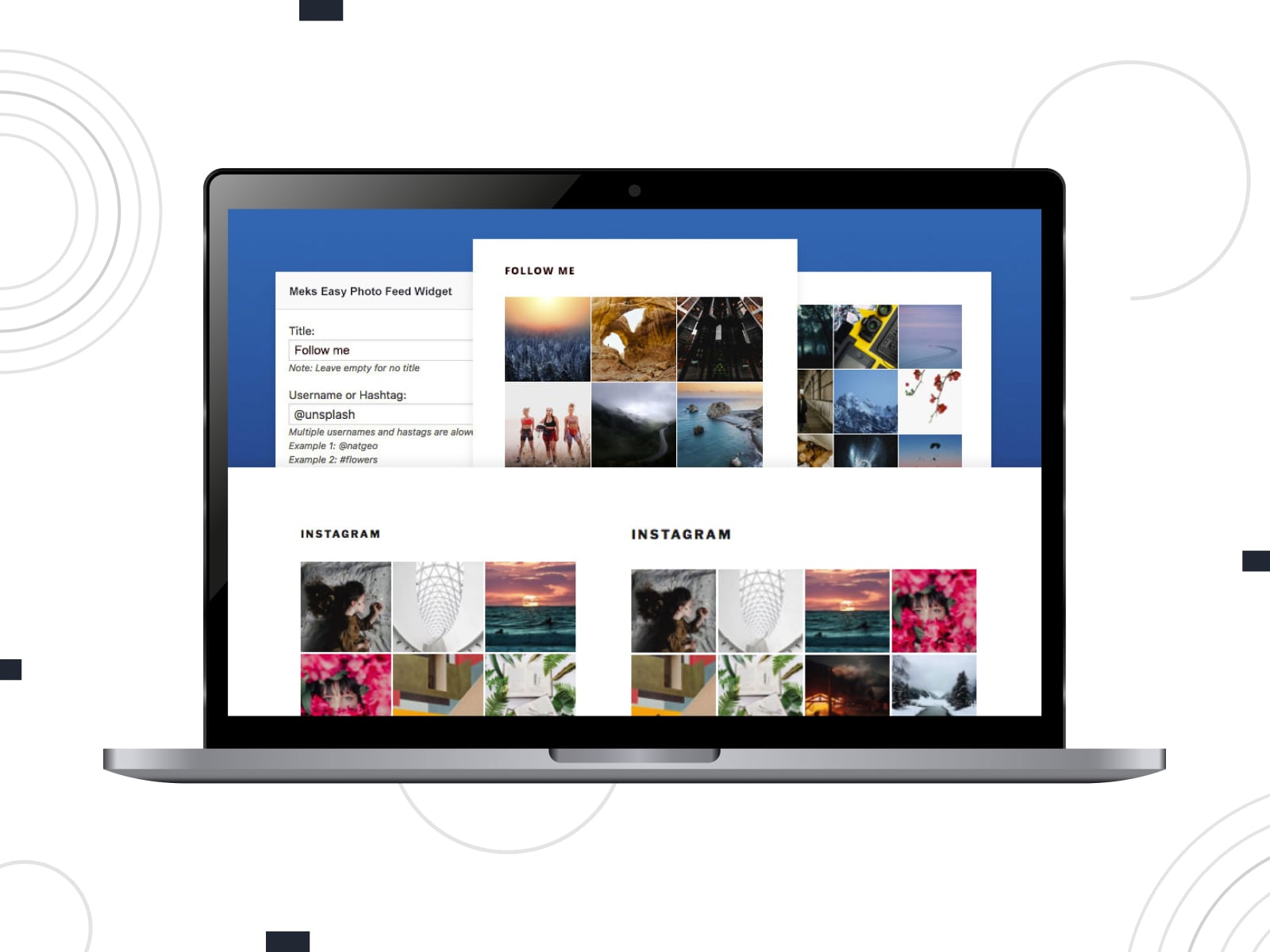 Collage of the Meks Easy Photo Feed WP Instagram Widget plugin demo templates.