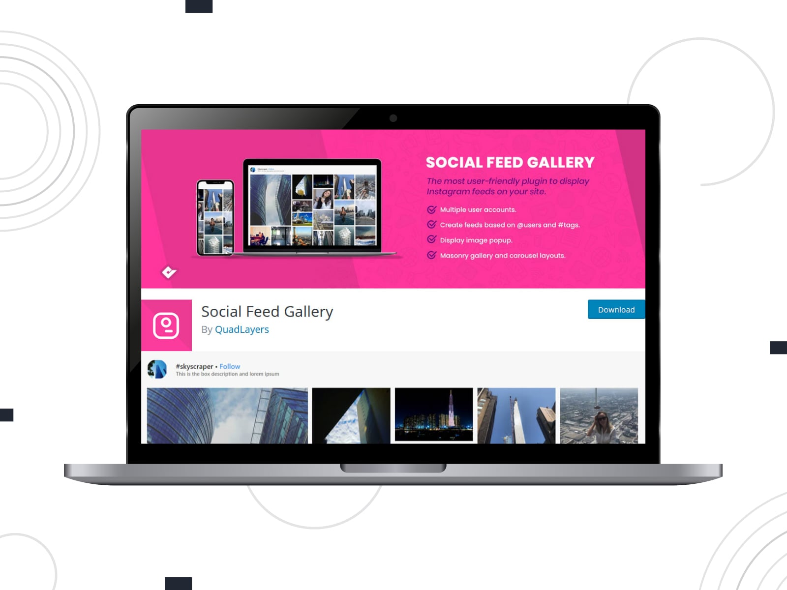 Collage of the Social Feed Gallery Instagram WordPress plugins homepage in pink, white and blue colors.
