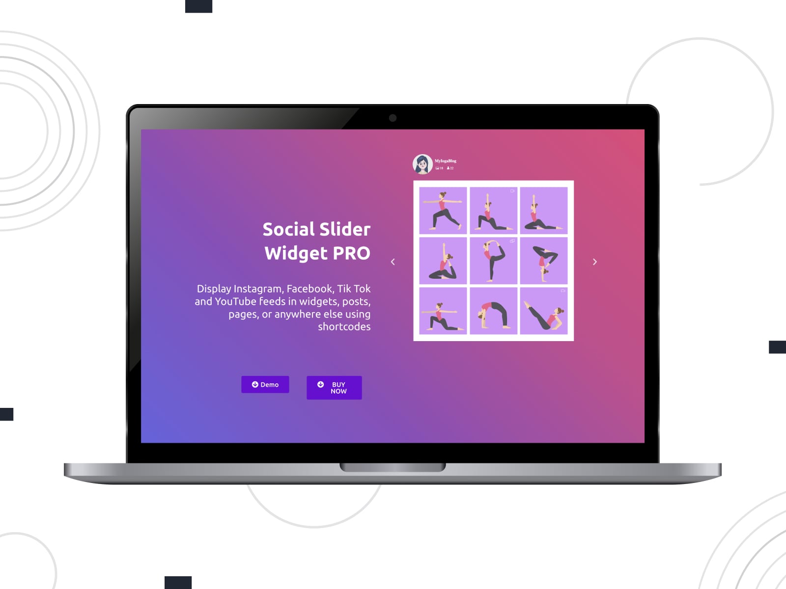 Collage of the Social Slider Feed Instagram plugin demo in violet and blue colors.