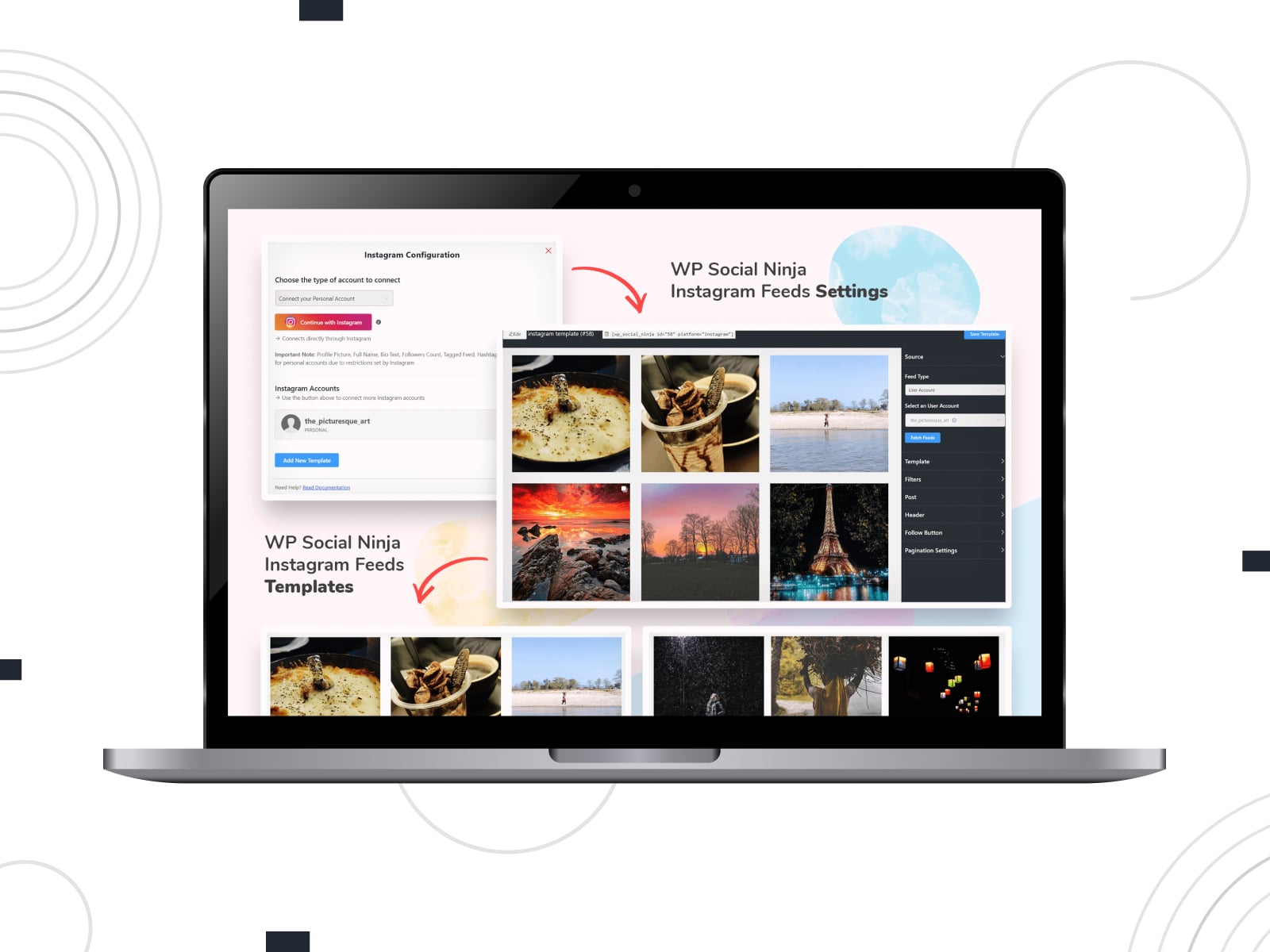 Collage of the WP Social Ninja Instagram Feed plugin demo for WordPress sites in pink, blue and gray colors. 