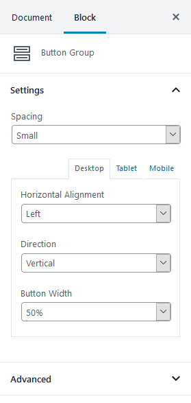 getwid button group settings