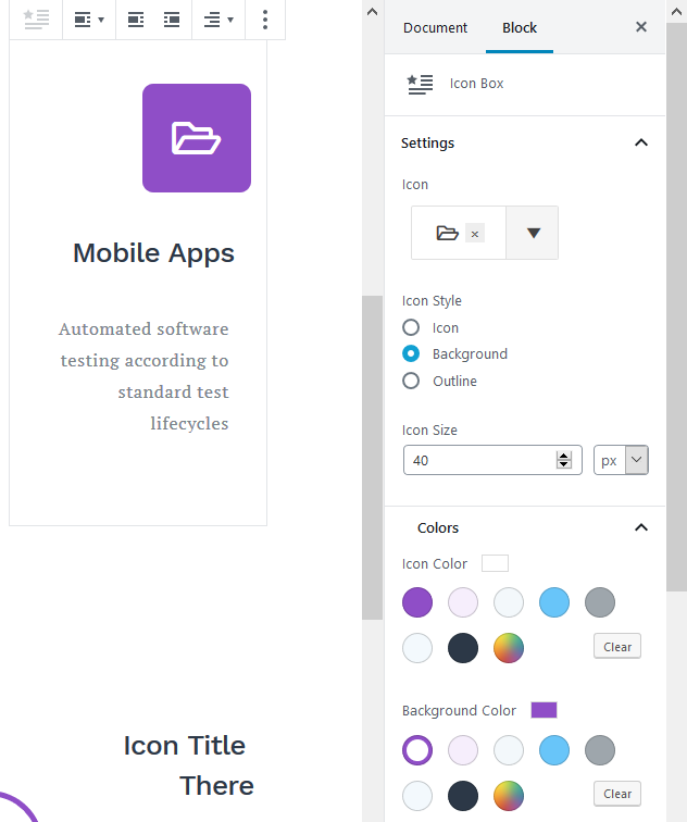 icon box block settings