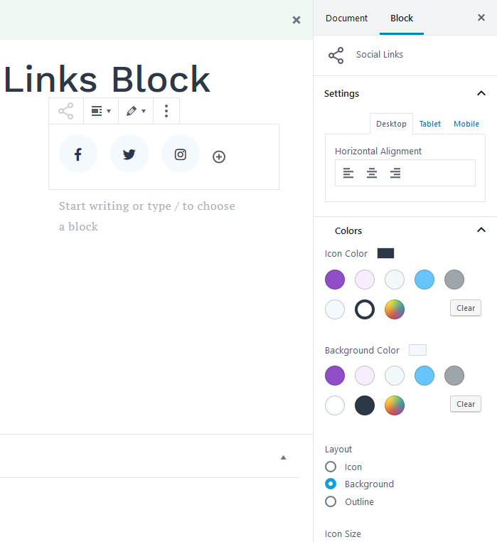 social links block settings