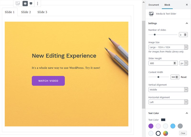 text and media slider gutenberg block