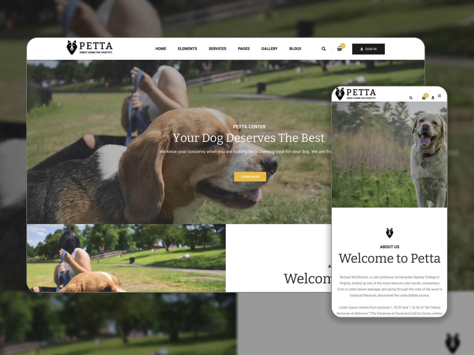 Collage of Petta - versatile and flexible pet-sitting WP theme for diverse needs in snow, darkgray, darkslategray, darkolivegreen, and dimgray hues