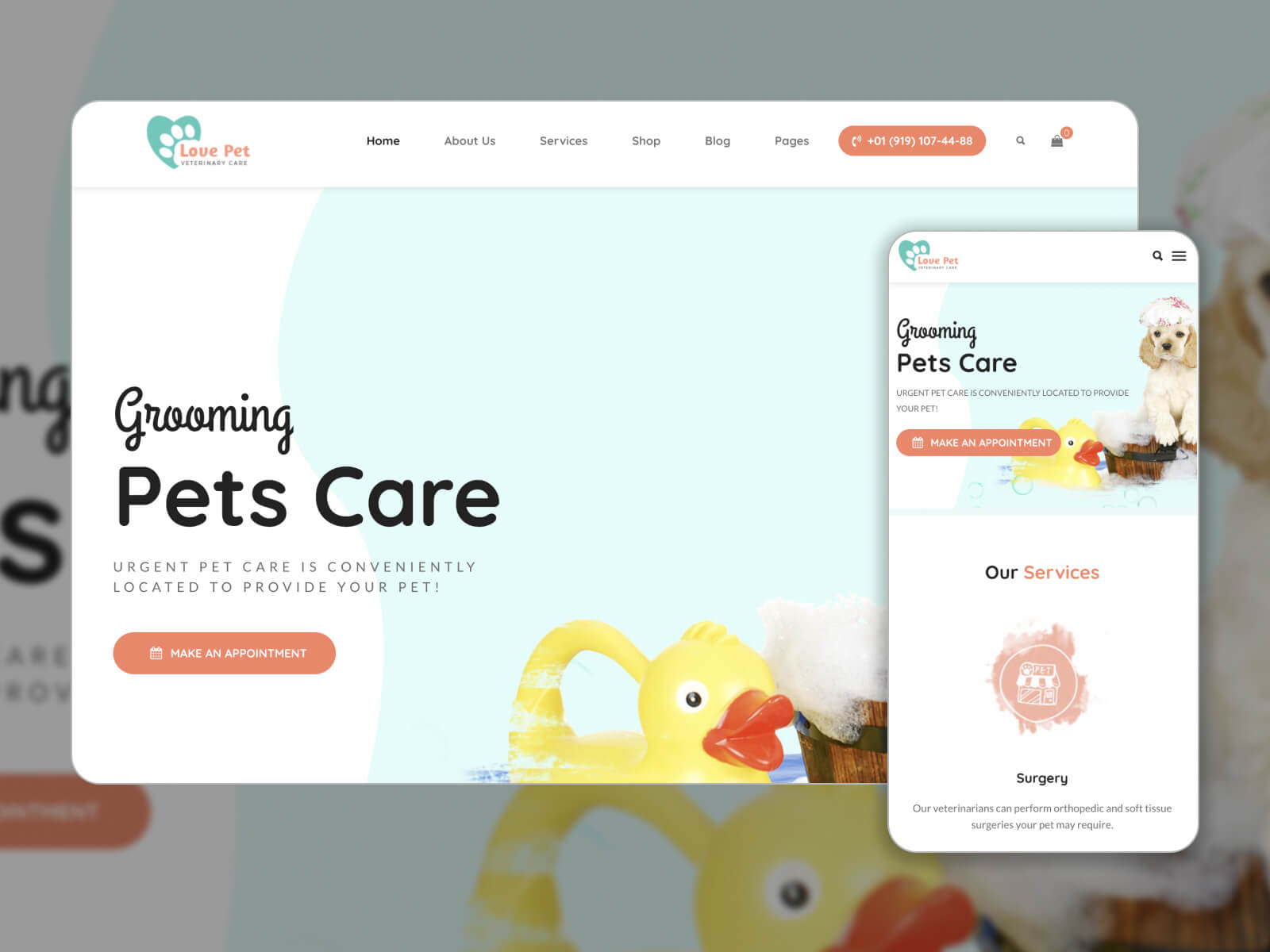 Snapshot of LovePet - mobile-responsive and flexible WordPress theme for pet centers in gray, darkolivegreen, white, burlywood, and lightcyan color scheme