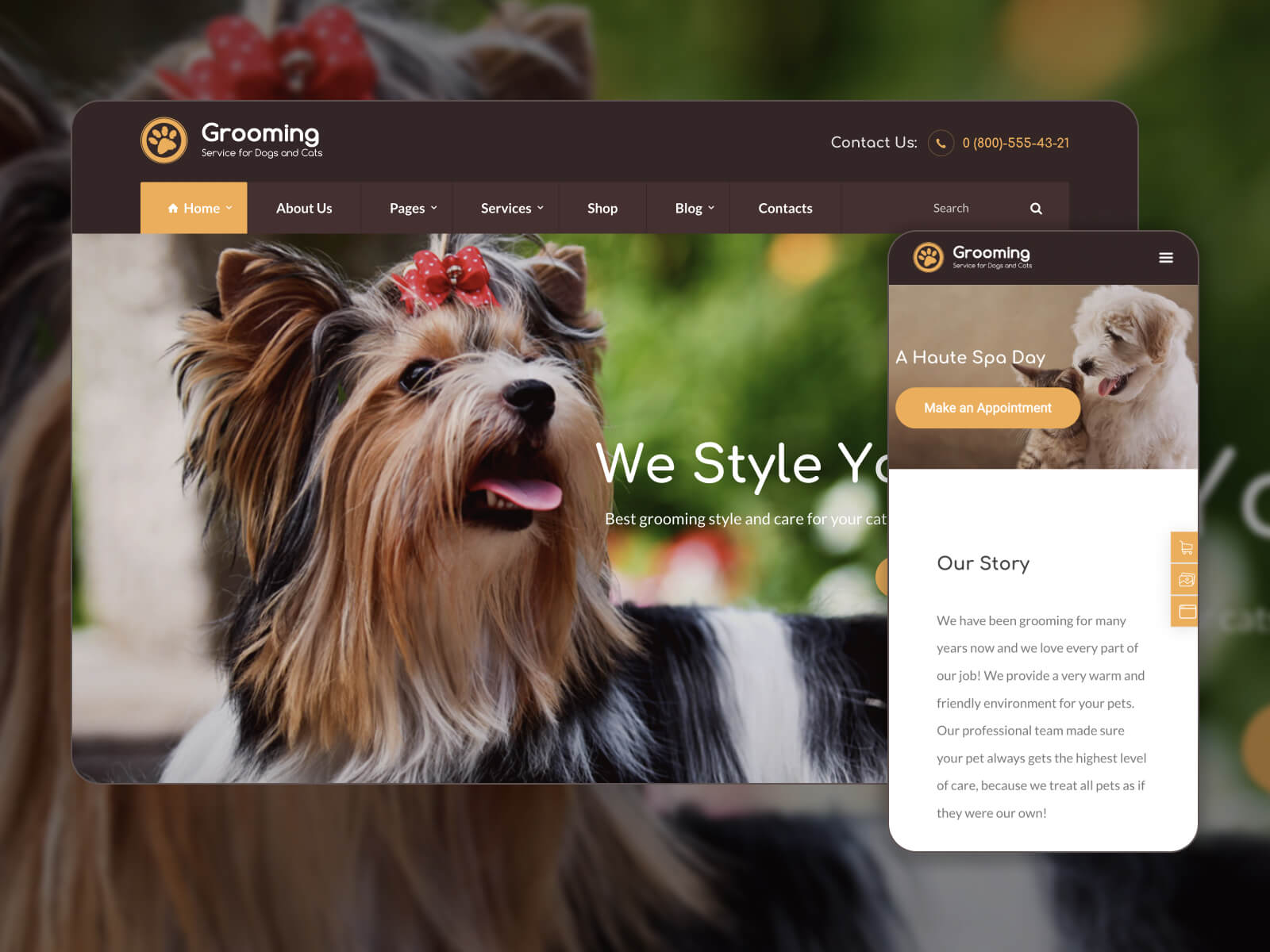 Illustration of Grooming - modern WordPress template for pet services in silver, gray, darkolivegreen, black, and white color array