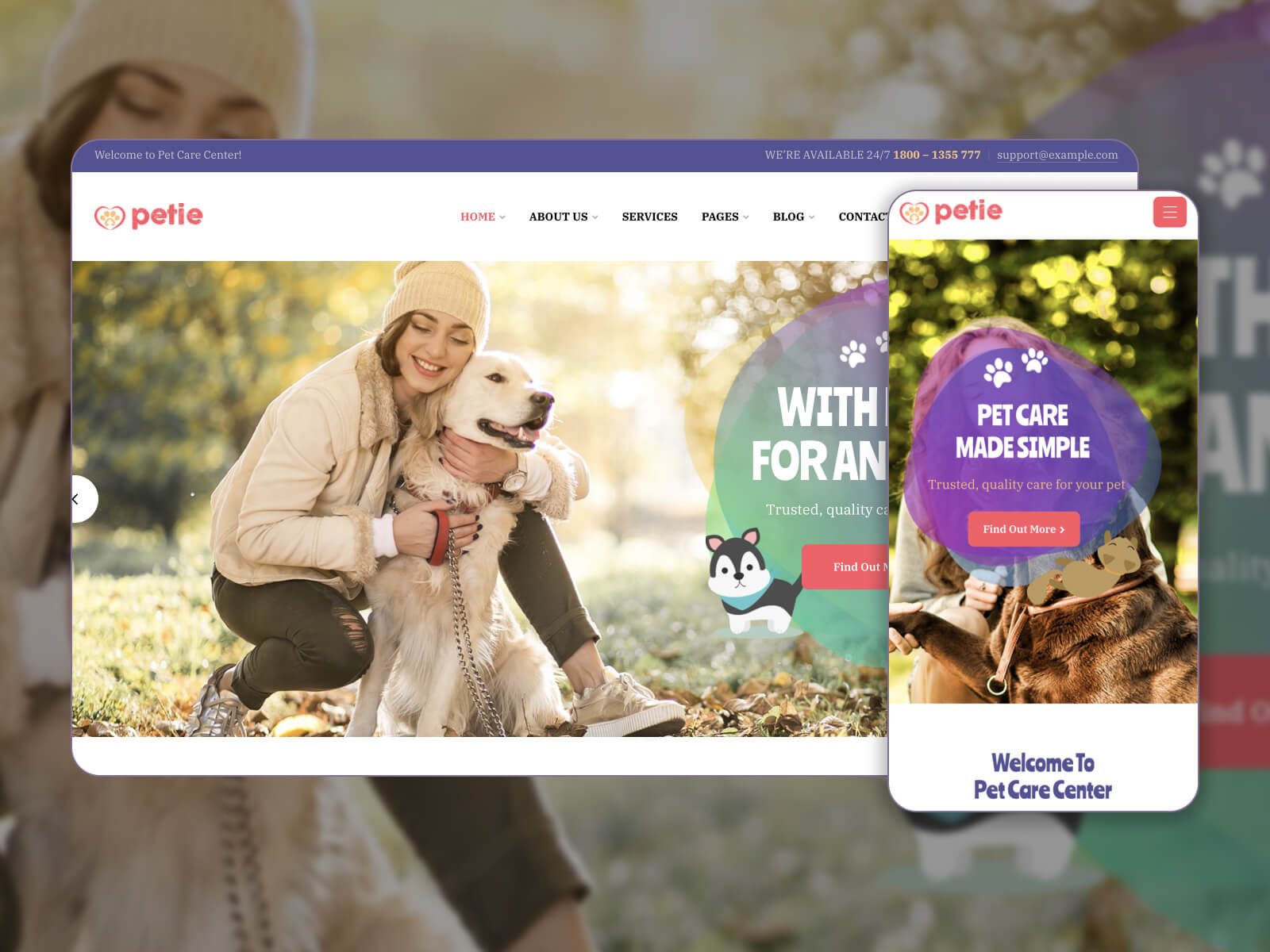 Collage of Petie - functional and peaceful WordPress theme for pet centers in snow, gray, darkolivegreen, dimgray, and wheat color mix