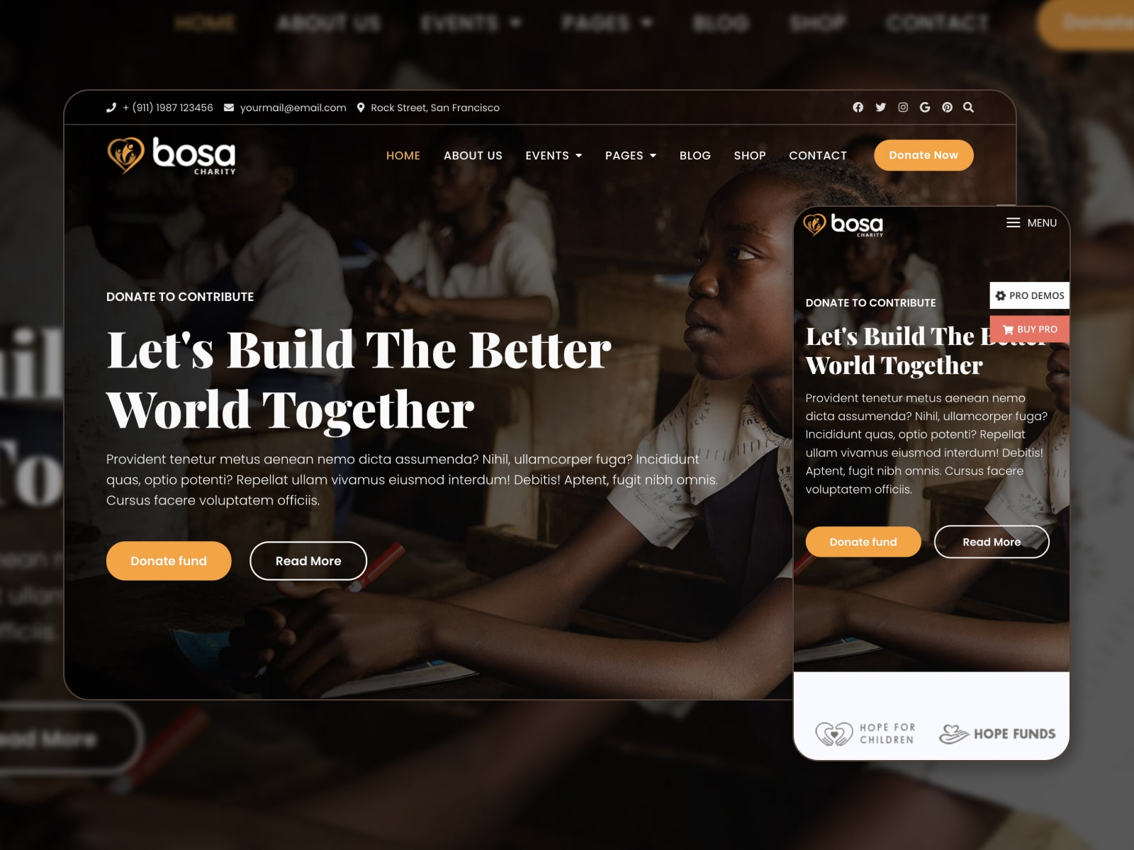 Collage of the Bosa Charity WordPress theme demo in brown, orange and white colors.